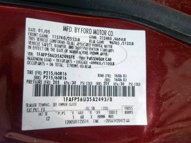 1FAFP56U35A249378 - 2005 FORD TAURUS SEL RED photo 10