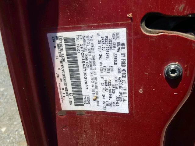 1FTCR10A2TUD39647 - 1996 FORD RANGER RED photo 10