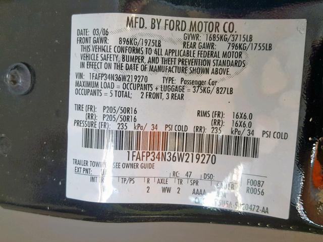 1FAFP34N36W219270 - 2006 FORD FOCUS ZX4 BLACK photo 10