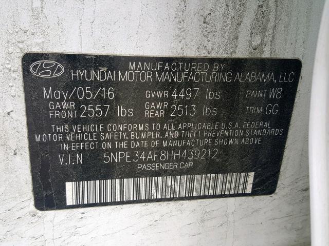 5NPE34AF8HH439212 - 2017 HYUNDAI SONATA SPO WHITE photo 10