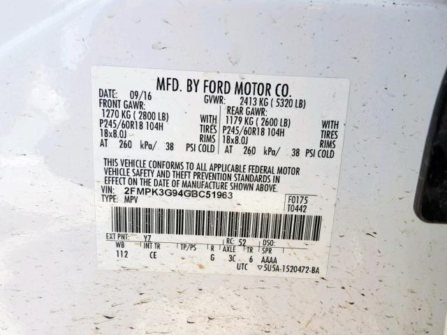 2FMPK3G94GBC51963 - 2016 FORD EDGE SE WHITE photo 10