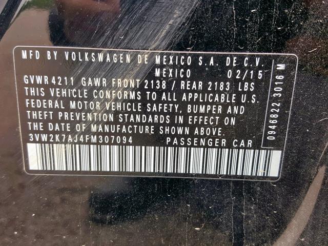 3VW2K7AJ4FM307094 - 2015 VOLKSWAGEN JETTA BASE 黑色 照片 10
