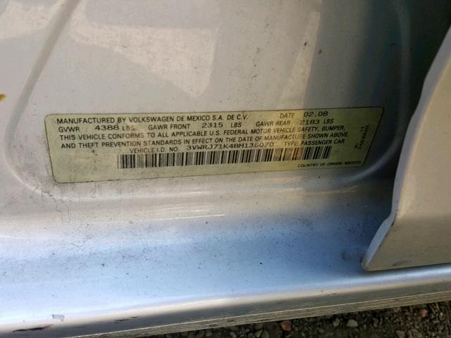 3VWRJ71K48M136070 - 2008 VOLKSWAGEN JETTA WOLF SILVER photo 10