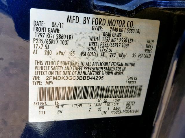 2FMDK3GC3BBB44295 - 2011 FORD EDGE SE BLUE photo 10