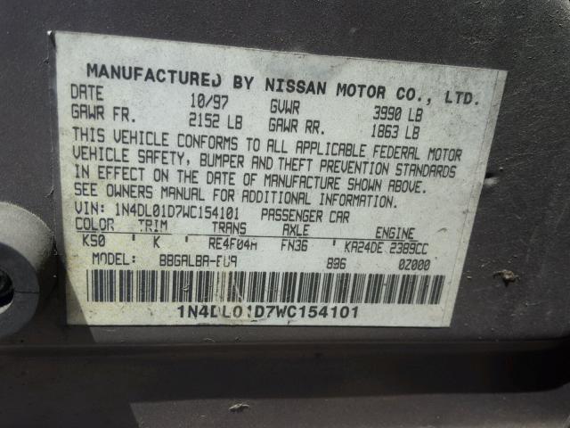 1N4DL01D7WC154101 - 1998 NISSAN ALTIMA XE GRAY photo 10