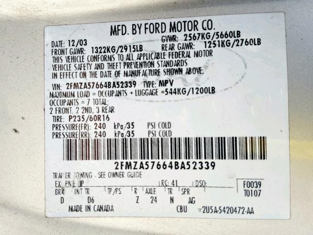 2FMZA57664BA52339 - 2004 FORD FREESTAR S GRAY photo 10