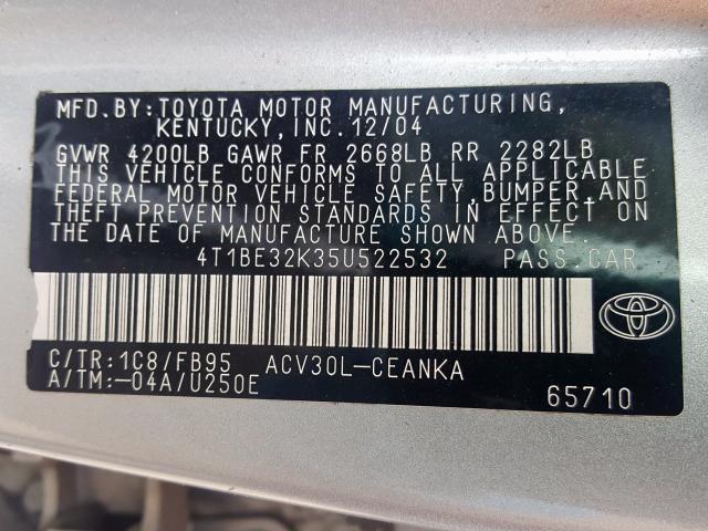 4T1BE32K35U522532 - 2005 TOYOTA CAMRY LE SILVER photo 10