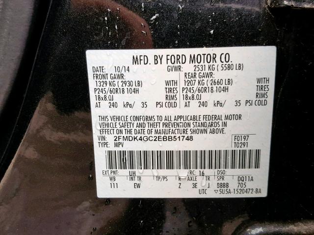 2FMDK4GC2EBB51748 - 2014 FORD EDGE SE BLACK photo 10