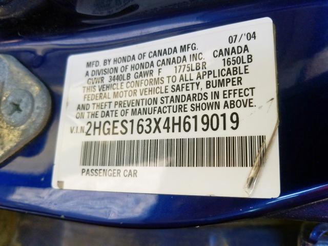 2HGES163X4H619019 - 2004 HONDA CIVIC DX VP  foto 10