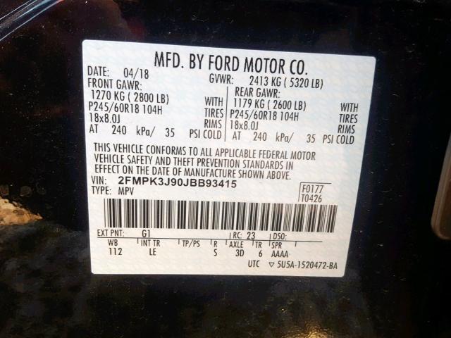 2FMPK3J90JBB93415 - 2018 FORD EDGE SEL BLACK photo 10