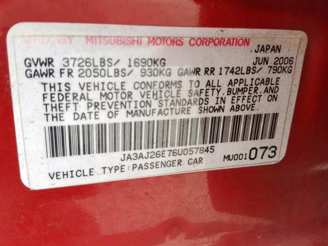 JA3AJ26E76U057845 - 2006 MITSUBISHI LANCER ES RED photo 10