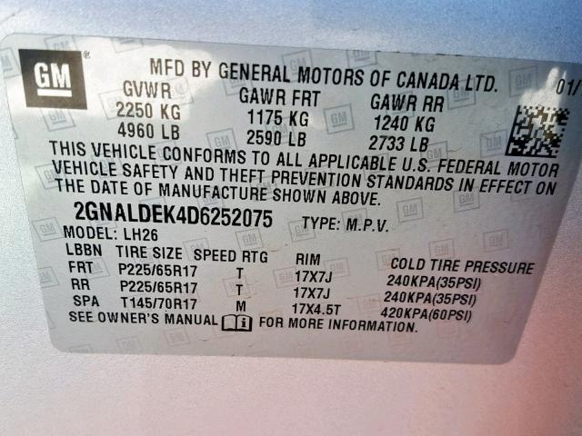 2GNALDEK4D6252075 - 2013 CHEVROLET EQUINOX LT SILVER photo 10