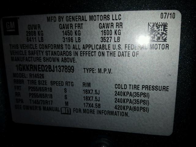 1GKKRNED2BJ137899 - 2011 GMC ACADIA SLE CHARCOAL photo 10