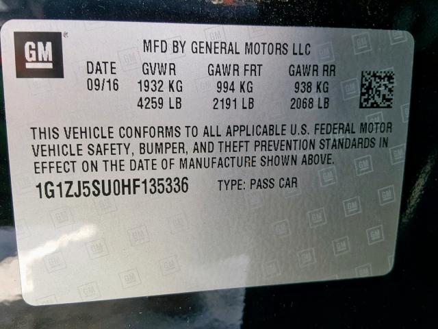 1G1ZJ5SU0HF135336 - 2017 CHEVROLET MALIBU HYB შავი ფოტო 10