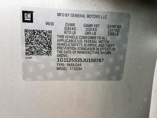 1G1125S35JU150787 - 2018 CHEVROLET IMPALA PRE SILVER photo 10