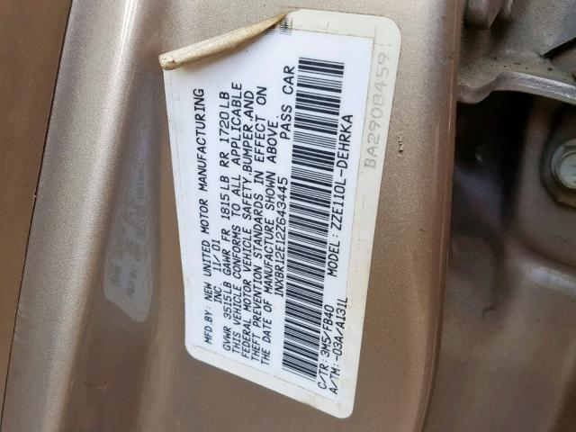 1NXBR12E12Z643445 - 2002 TOYOTA COROLLA CE GOLD photo 10