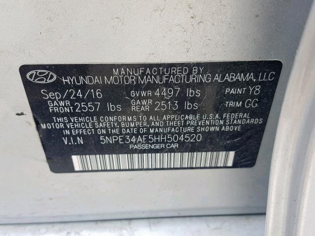 5NPE34AF5HH504520 - 2017 HYUNDAI SONATA SPO SILVER photo 10