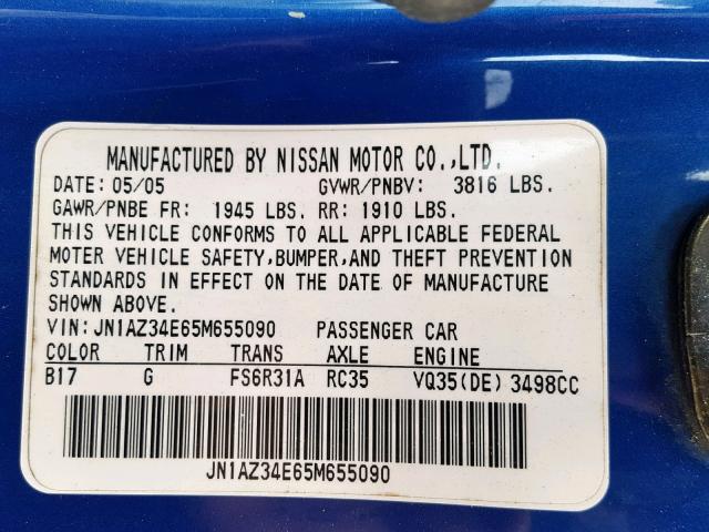 JN1AZ34E65M655090 - 2005 NISSAN 350Z COUPE BLUE photo 10