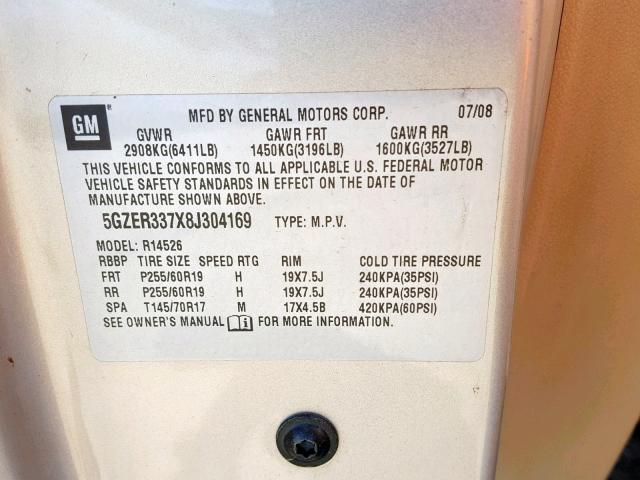 5GZER337X8J304169 - 2008 SATURN OUTLOOK XR ვერცხლისფერი ფოტო 10