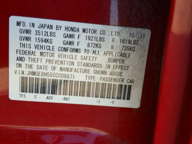 JHMGE8H55CC008871 - 2012 HONDA FIT SPORT RED photo 10