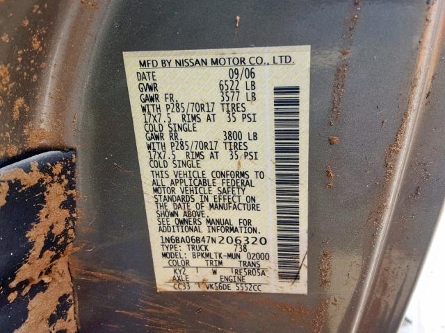 1N6BA06B47N206320 - 2007 NISSAN TITAN XE BROWN photo 10