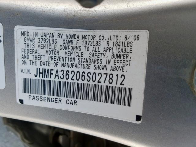 JHMFA36206S027812 - 2006 HONDA CIVIC HYBRID  photo 10