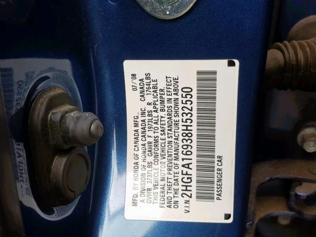 2HGFA16938H532550 - 2008 HONDA CIVIC EXL BLUE photo 10