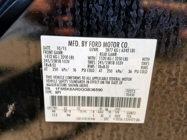 1FM5K8AR0GGB36590 - 2016 FORD EXPLORER P BLACK photo 10