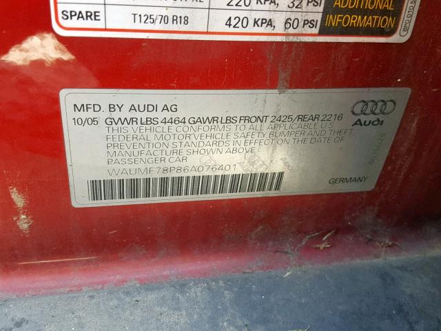 WAUMF78P86A076401 - 2006 AUDI A3 2.0 SPO RED photo 10