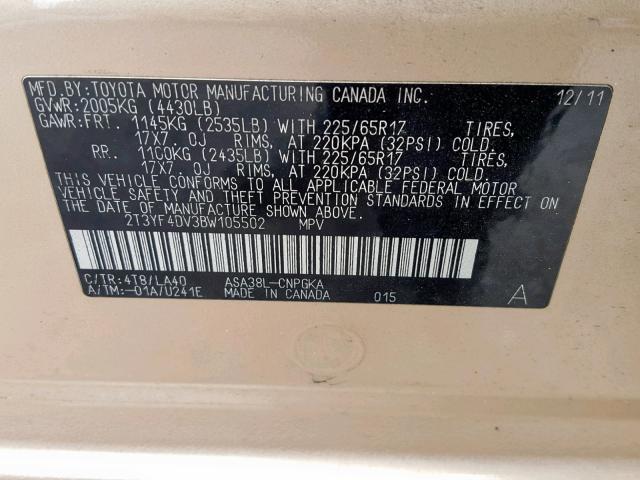 2T3YF4DV3BW105502 - 2011 TOYOTA RAV4 LIMIT GOLD photo 10