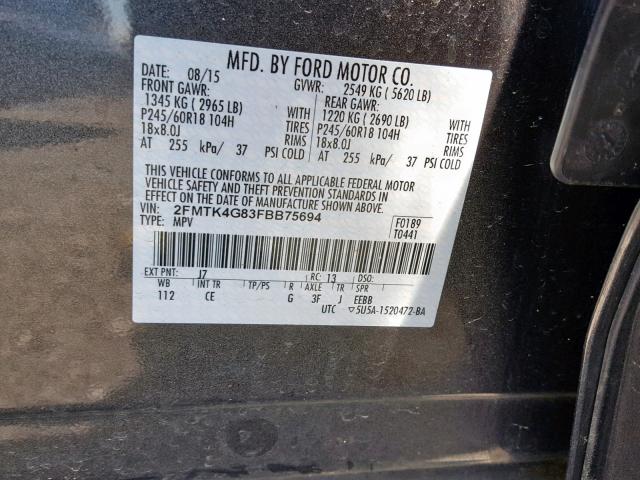 2FMTK4G83FBB75694 - 2015 FORD EDGE SE CHARCOAL photo 10