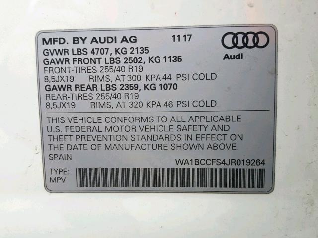 WA1BCCFS4JR019264 - 2018 AUDI Q3 PREMIUM WHITE photo 10