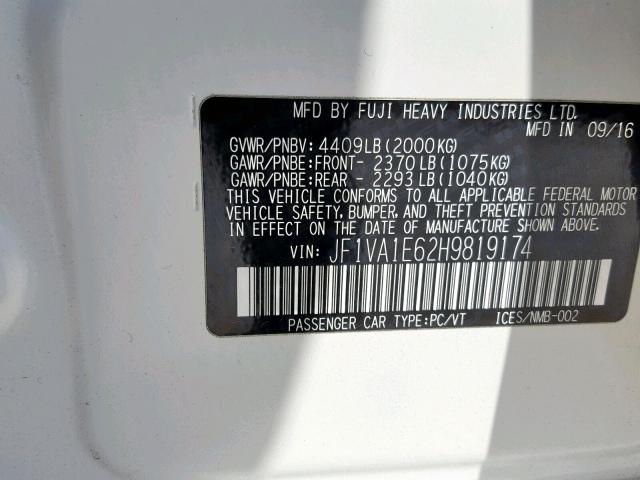 JF1VA1E62H9819174 - 2017 SUBARU WRX PREMIU WHITE photo 10