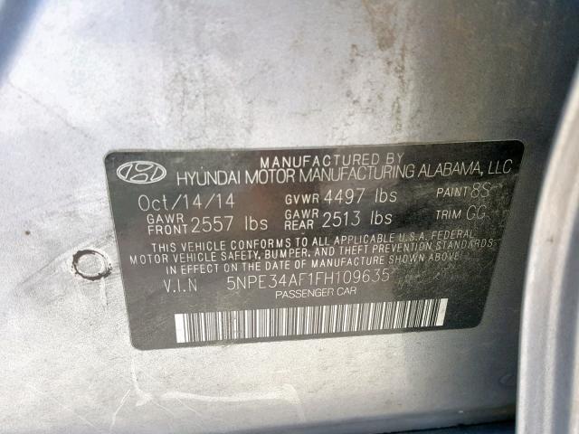 5NPE34AF1FH109635 - 2015 HYUNDAI SONATA SPO SILVER photo 10