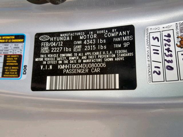 KMHHT6KD4DU080006 - 2013 HYUNDAI GENESIS CO SILVER photo 10