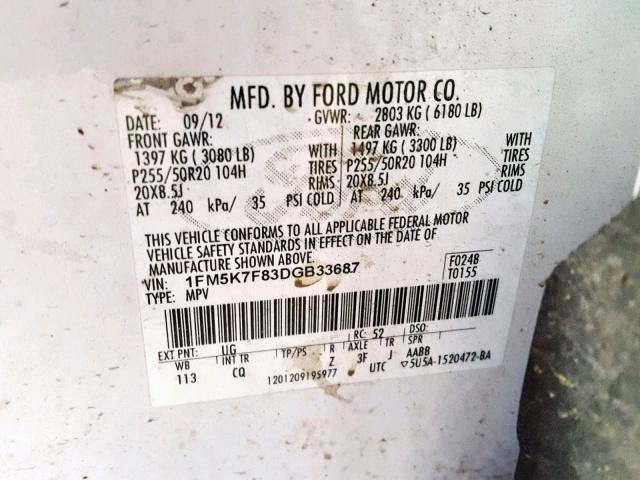 1FM5K7F83DGB33687 - 2013 FORD EXPLORER L WHITE photo 10