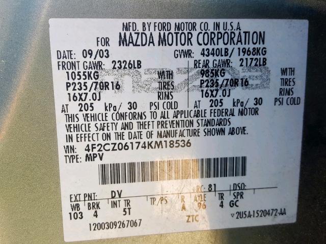 4F2CZ06174KM18536 - 2004 MAZDA TRIBUTE ES 灰色 照片 10