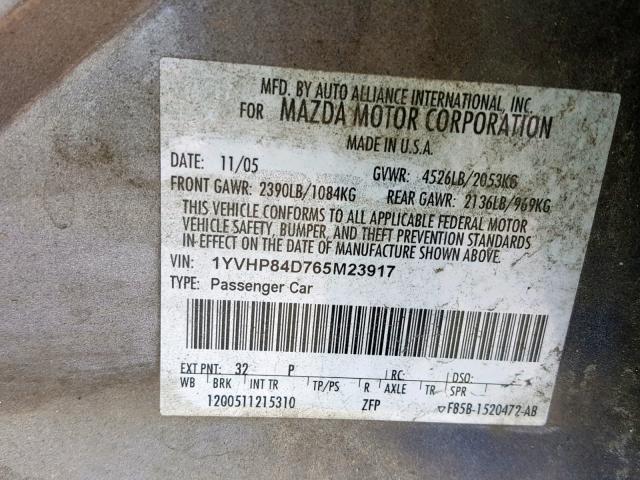 1YVHP84D765M23917 - 2006 MAZDA 6 S GRAY photo 10