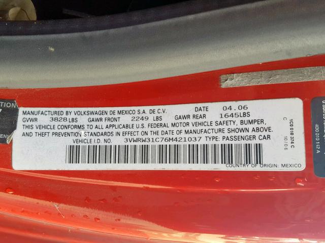 3VWRW31C76M421037 - 2006 VOLKSWAGEN NEW BEETLE 红色 照片 10