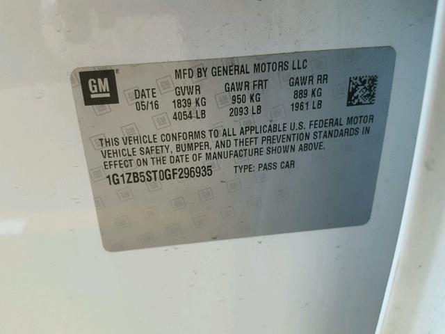 1G1ZB5ST0GF296935 - 2016 CHEVROLET MALIBU LS 白色 照片 10