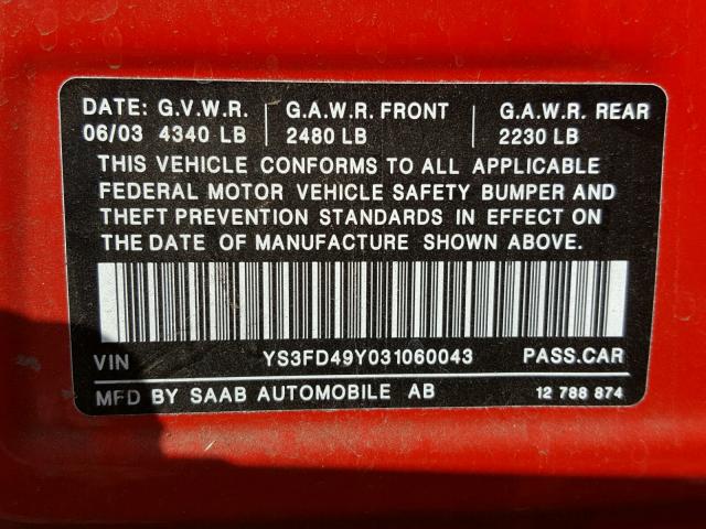 YS3FD49Y031060043 - 2003 SAAB 9-3 ARC RED photo 10