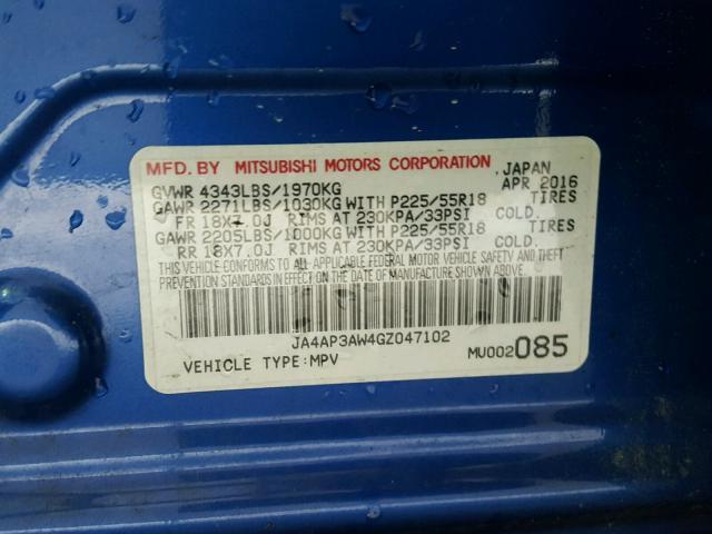 JA4AP3AW4GZ047102 - 2016 MITSUBISHI OUTLANDER BLUE photo 10