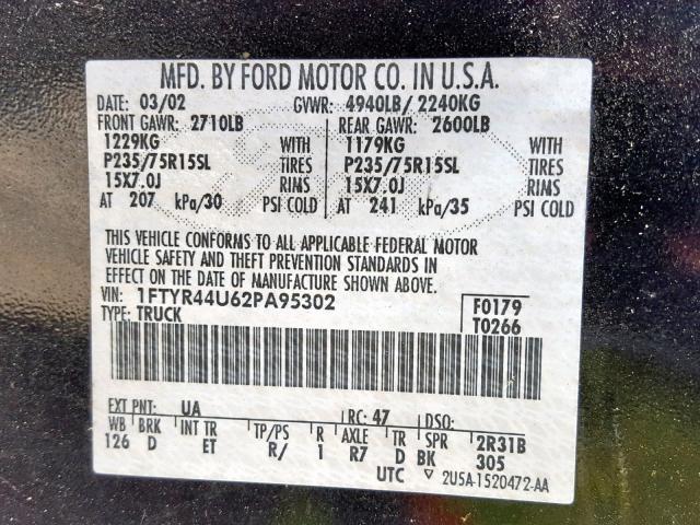 1FTYR44U62PA95302 - 2002 FORD RANGER SUP BLACK photo 10