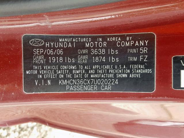 KMHCN36CX7U020224 - 2007 HYUNDAI ACCENT SE RED photo 10