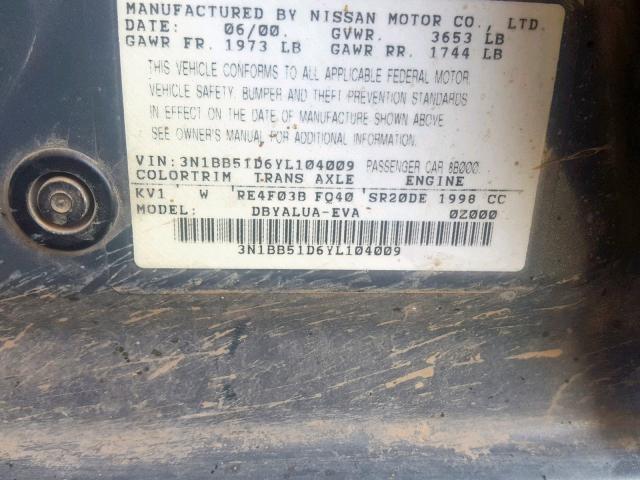 3N1BB51D6YL104009 - 2000 NISSAN SENTRA SE CHARCOAL photo 10