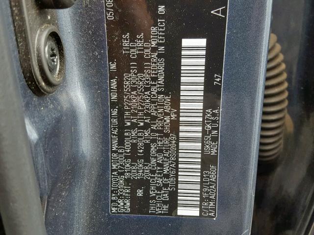 5TDBY67A78S020497 - 2008 TOYOTA SEQUOIA PL GRAY photo 10