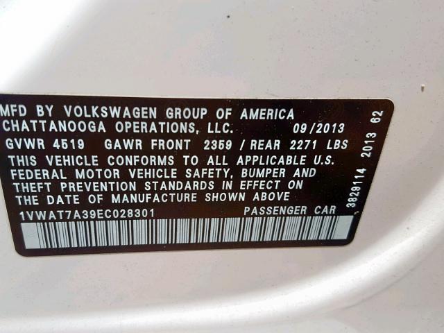 1VWAT7A39EC028301 - 2014 VOLKSWAGEN PASSAT S WHITE photo 10