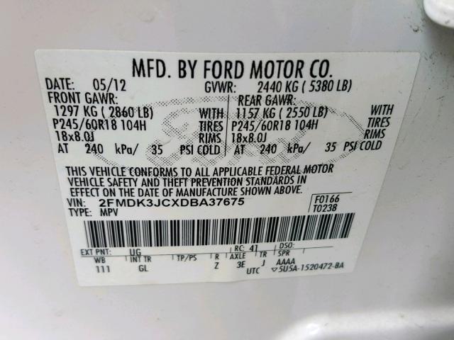 2FMDK3JCXDBA37675 - 2013 FORD EDGE SEL WHITE photo 10