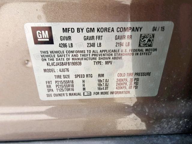 KL4CJASB4FB190939 - 2015 BUICK ENCORE GRAY photo 10