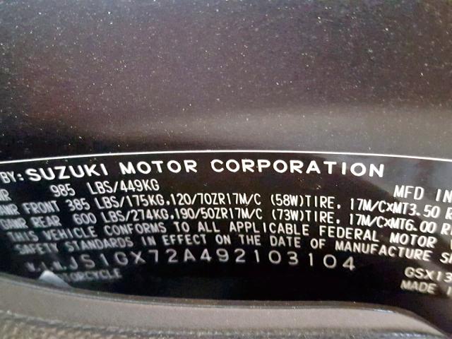 JS1GX72A492103104 - 2009 SUZUKI GSX1300 R BLACK photo 10